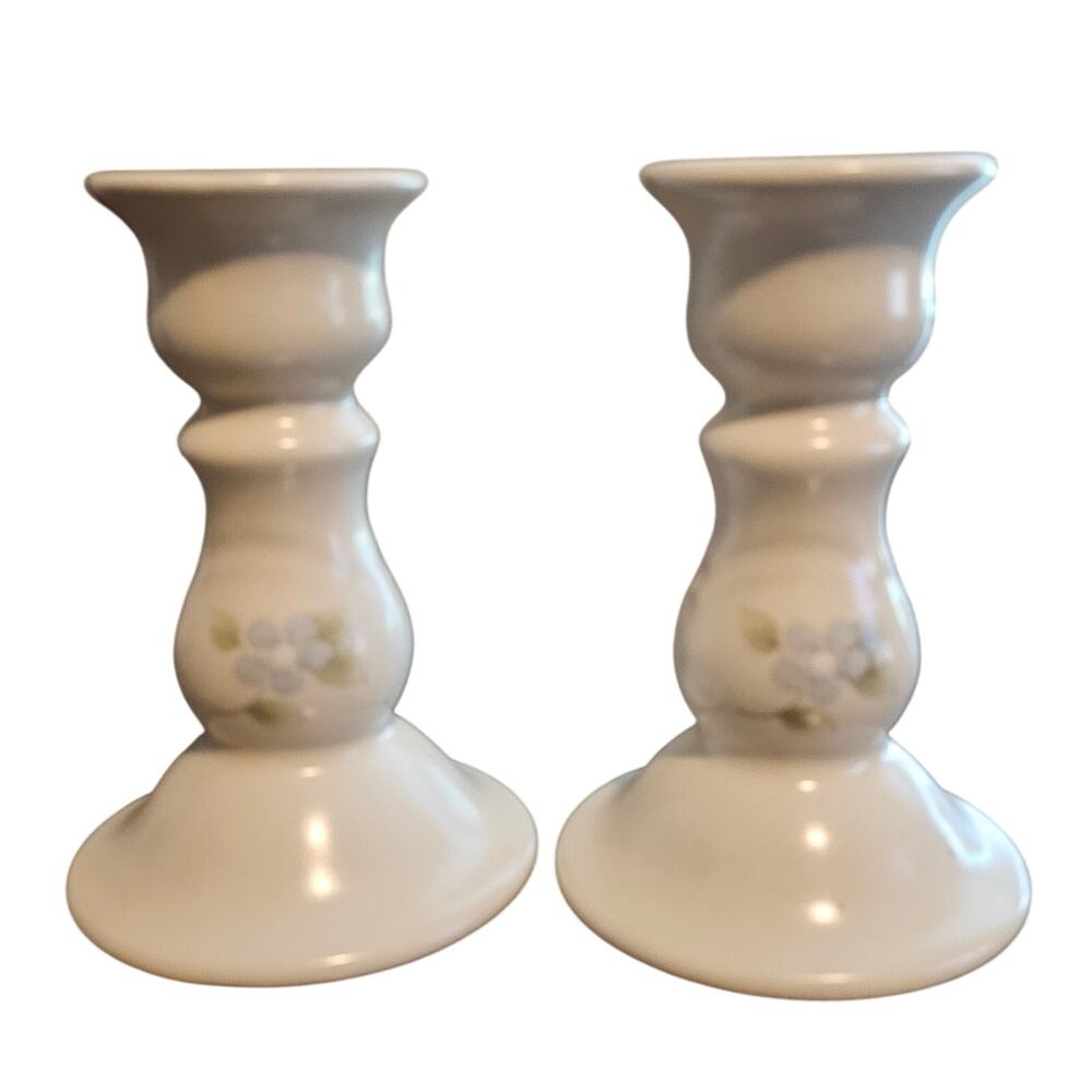 Pfaltzgraff Heirloom Stoneware Candlestick Holders Pair 5" White Floral Vintage